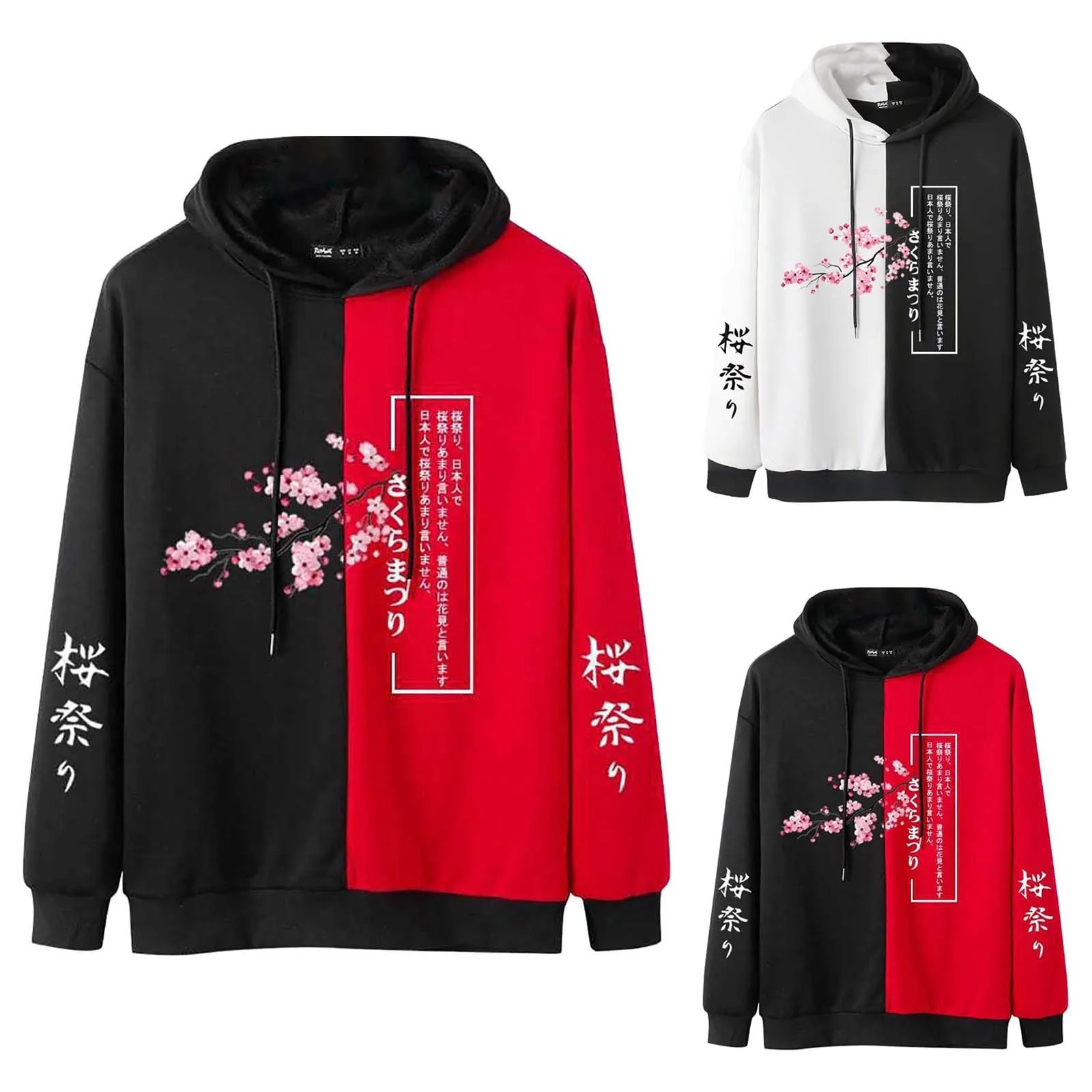 Japanese Style New Hoodies Men Cherry Blossoms Print Sweatshirts Casual Two Tone Color Drawstring Hooded Pullovers Harajuku Tops