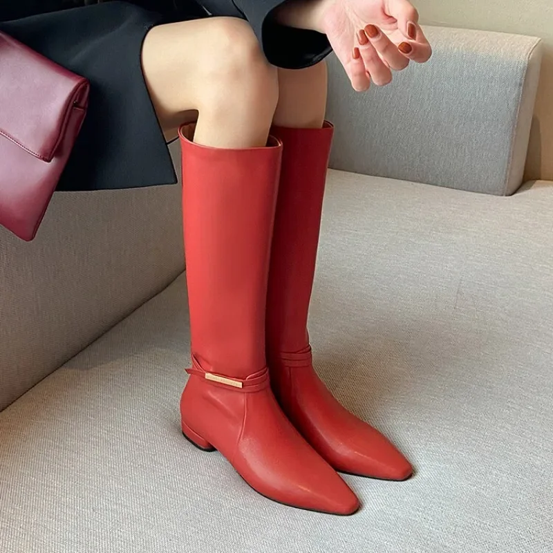 New Solid Color Cowhide 2.5cm Low Heel Knee High Boots Autumn Winter Fashion Warm Plush Red Black Spicy Girl Women Boots 34-43