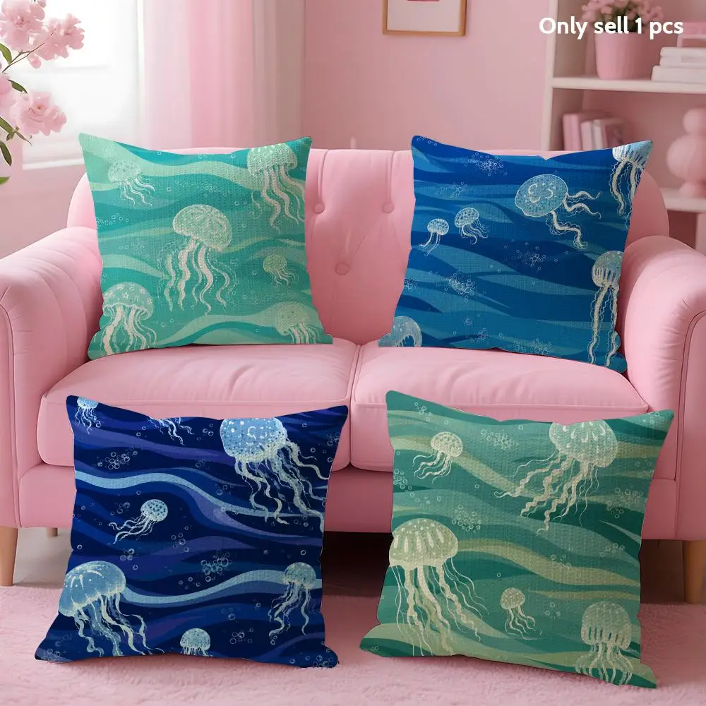 Jellyfish Pattern Cushion Cover Linen Organic Fabric Double-Sided Printing Sofa Breathable Home Decor Gift Pillow Case