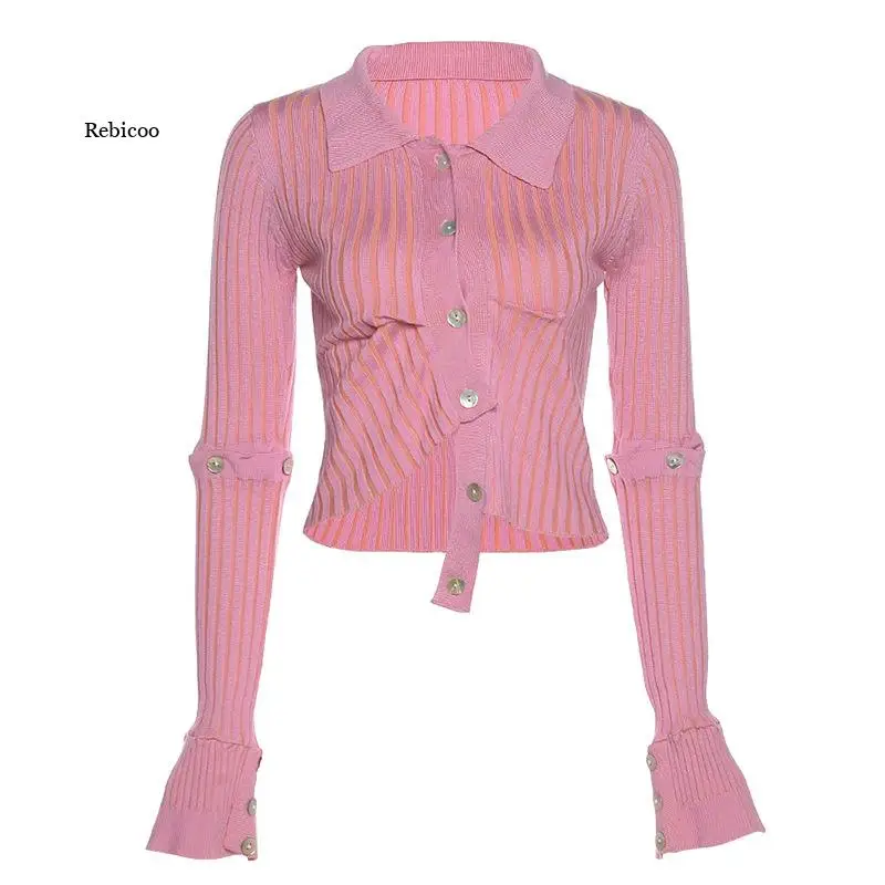 Autunno inverno moda maglioni rosa irregolari per le donne 2021 New Streetwear cardigan monopetto a maniche lunghe rimovibili top