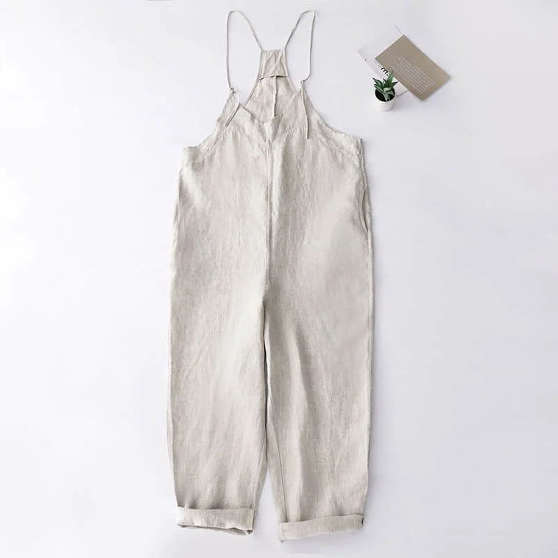 Baumwoll Leinen Overalls für Frauen solide einteilige Outfit Frauen weites Bein Stram pler lose koreanische Mode lässig Vintage Spiel anzüge