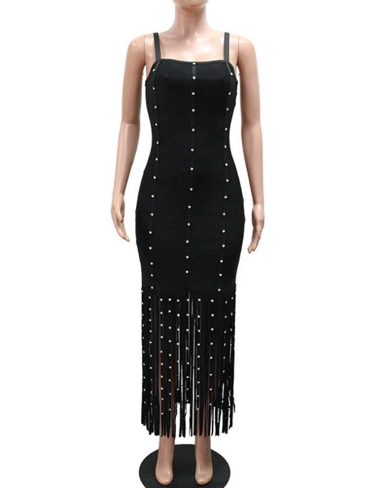 Robe de soirée sexy sans manches avec ourlet à franges et perles