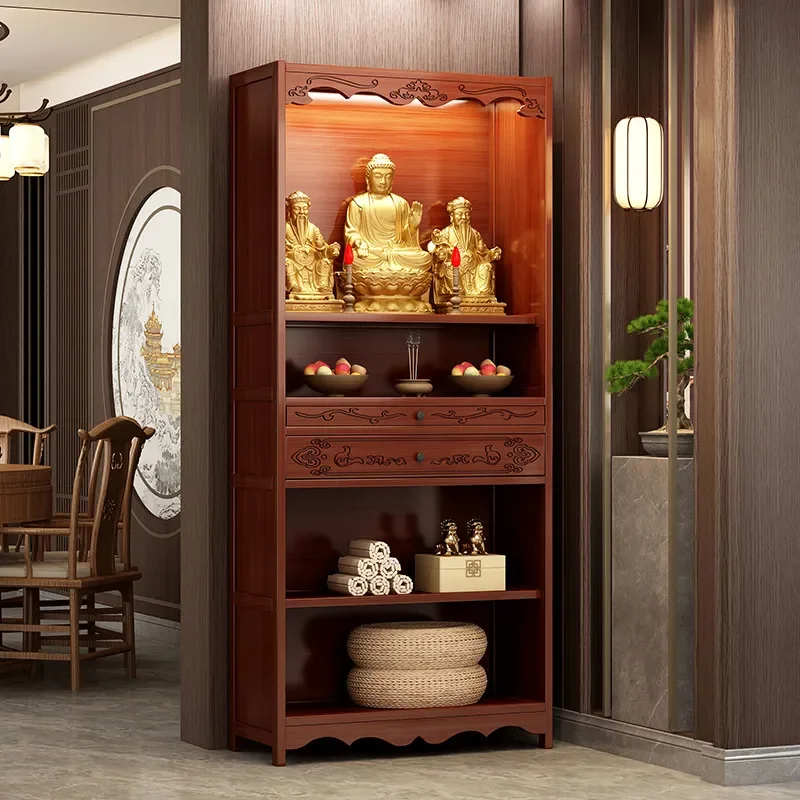 Wooden Offering Table with Door Household Incense Burner Stand Display Cabinet for God of Wealth Guan Gong Bodhisattva