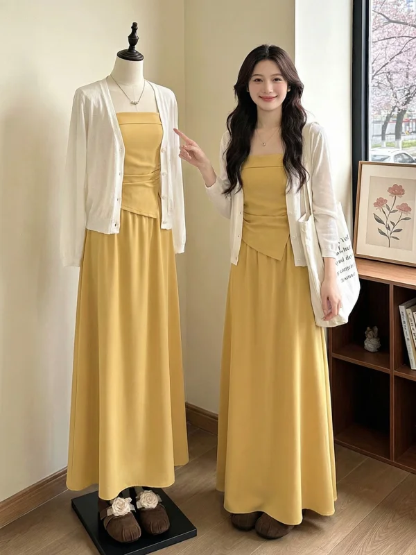 

Yellow Strapless Dress And Open Cardigan Two-Piece Set for Women Summer 2026 Fashionable And Stylish Outfit Casual Commute Style