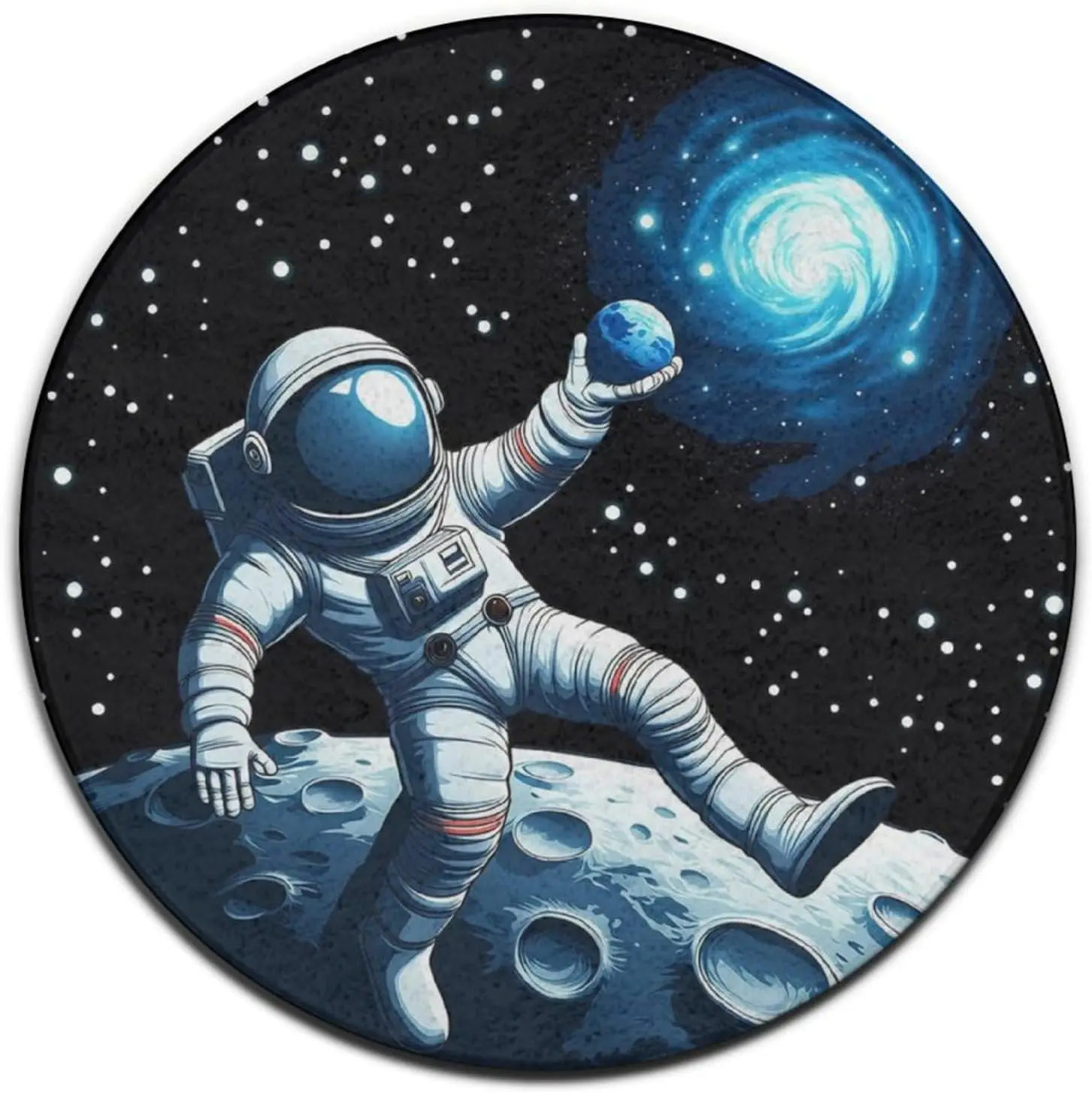 Round Area Rug Cushion Space Galaxy Astronaut Moon Nebula Design Plush Mat for Modern Living Room Bedroom Home Decor Gift