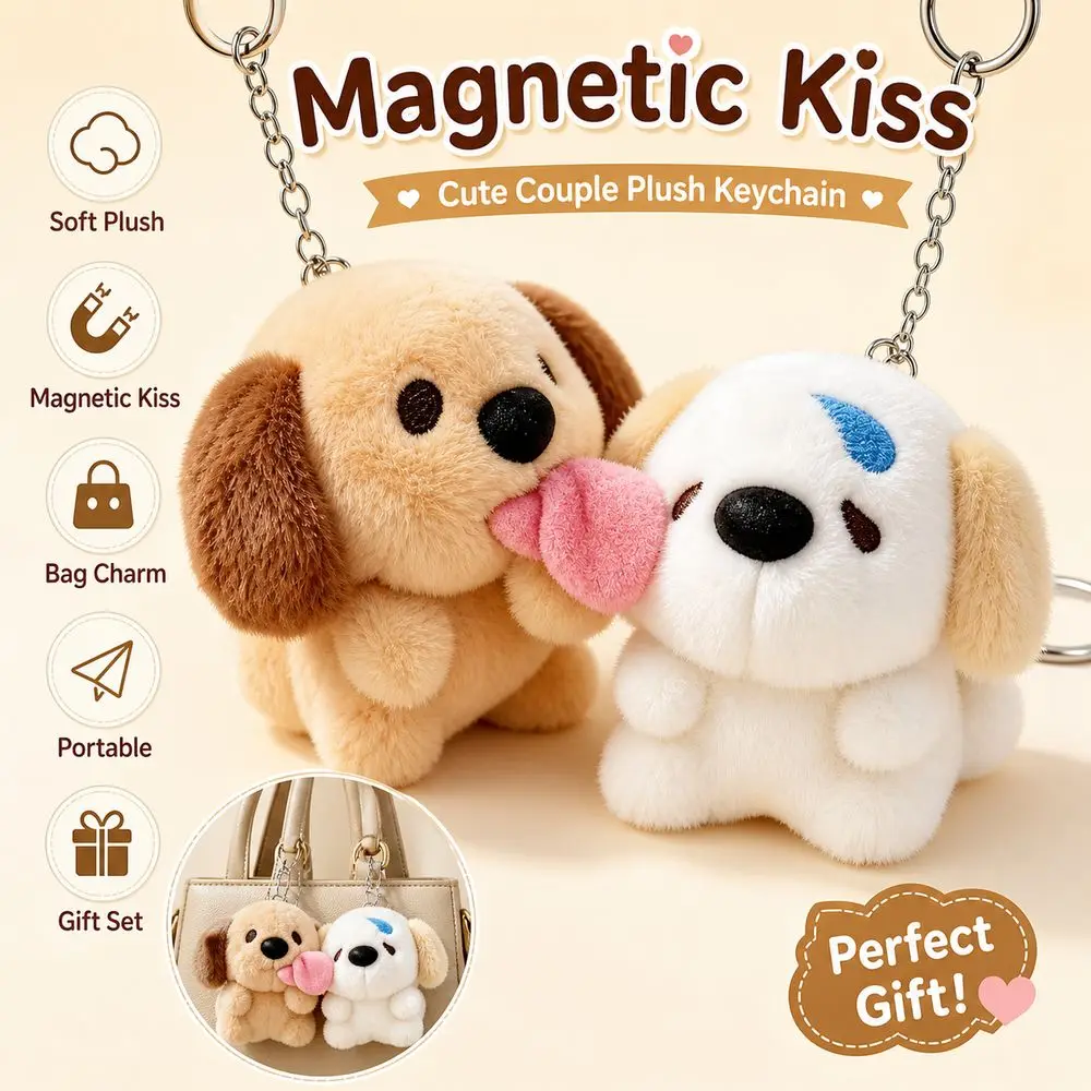 New Dog Keychains Magnetic Connection Soft Stuffed Puppy Pendants Cute Dog Shape Kissing Interaction Bag Decoration