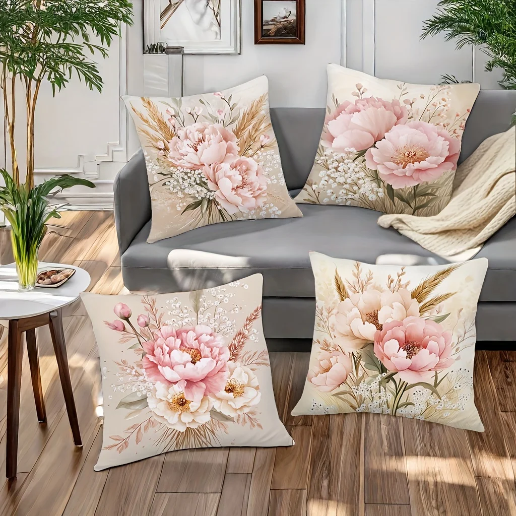 4 fundas  almohada florales | Estilo morno, rosa y crema con espigas  trigo, aptas para sofá, sala  estar, dormitorio, o