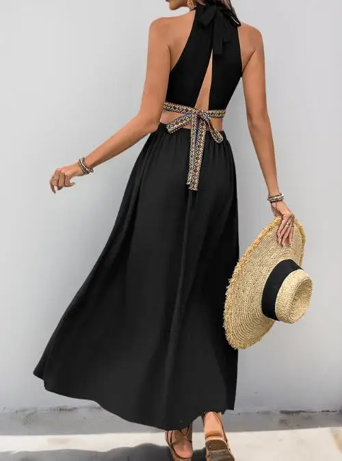 Novo vestido feminino elegante e maduro sem mangas com gola halter e design recortado com cintura embelezada e costas abertas