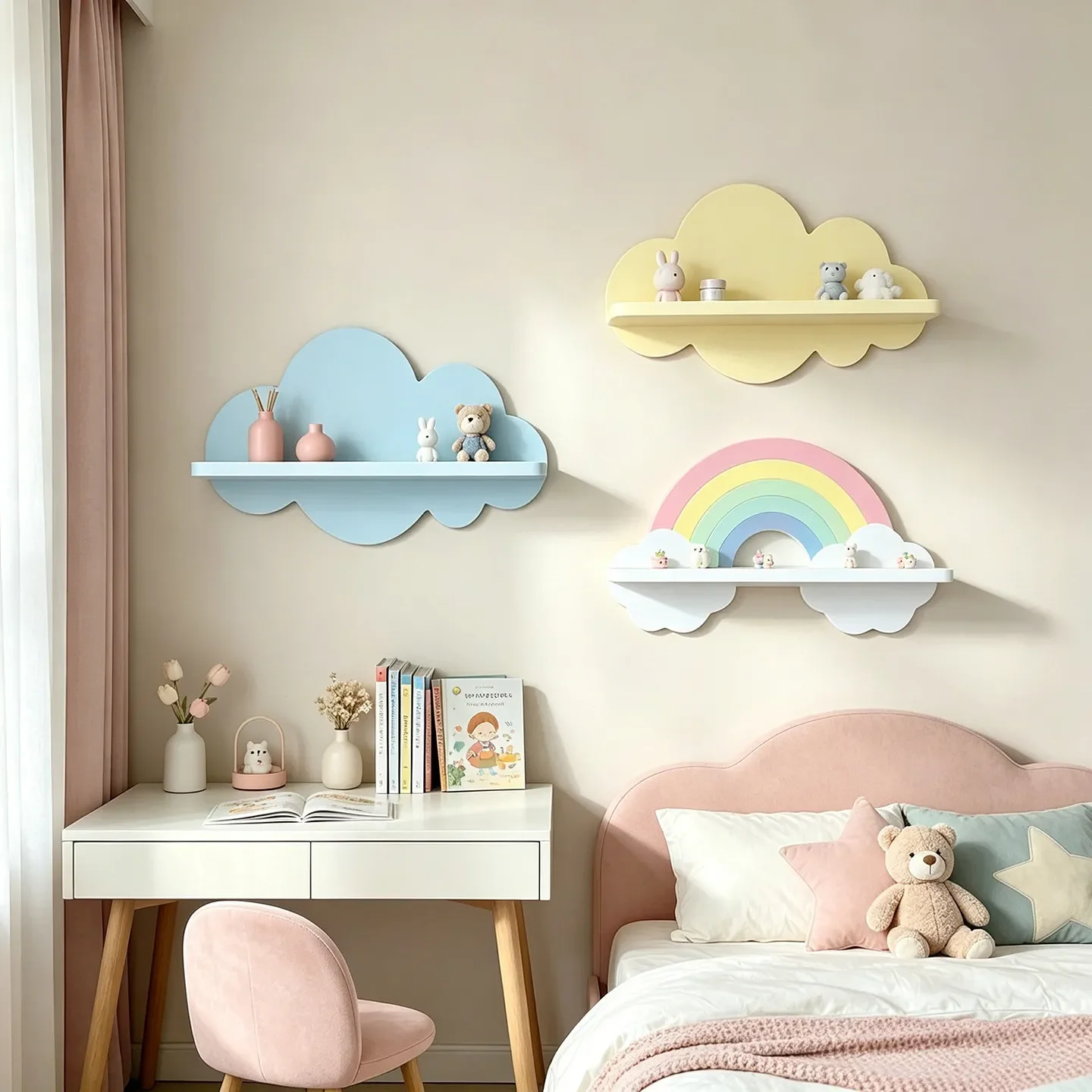 yesNordic Cloud Shaped Solid Wood Floating Shelf, No Drill Wall Mounted Storage Rack for Kids Room Wall Decor