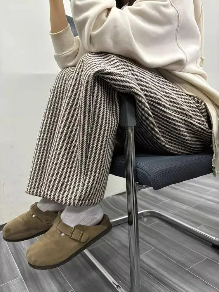 Spring Autumn Pants Women Retro Striped Knited Casual Daily Simple High Waist Wide Leg Trousers Stylish Temper Female All-match