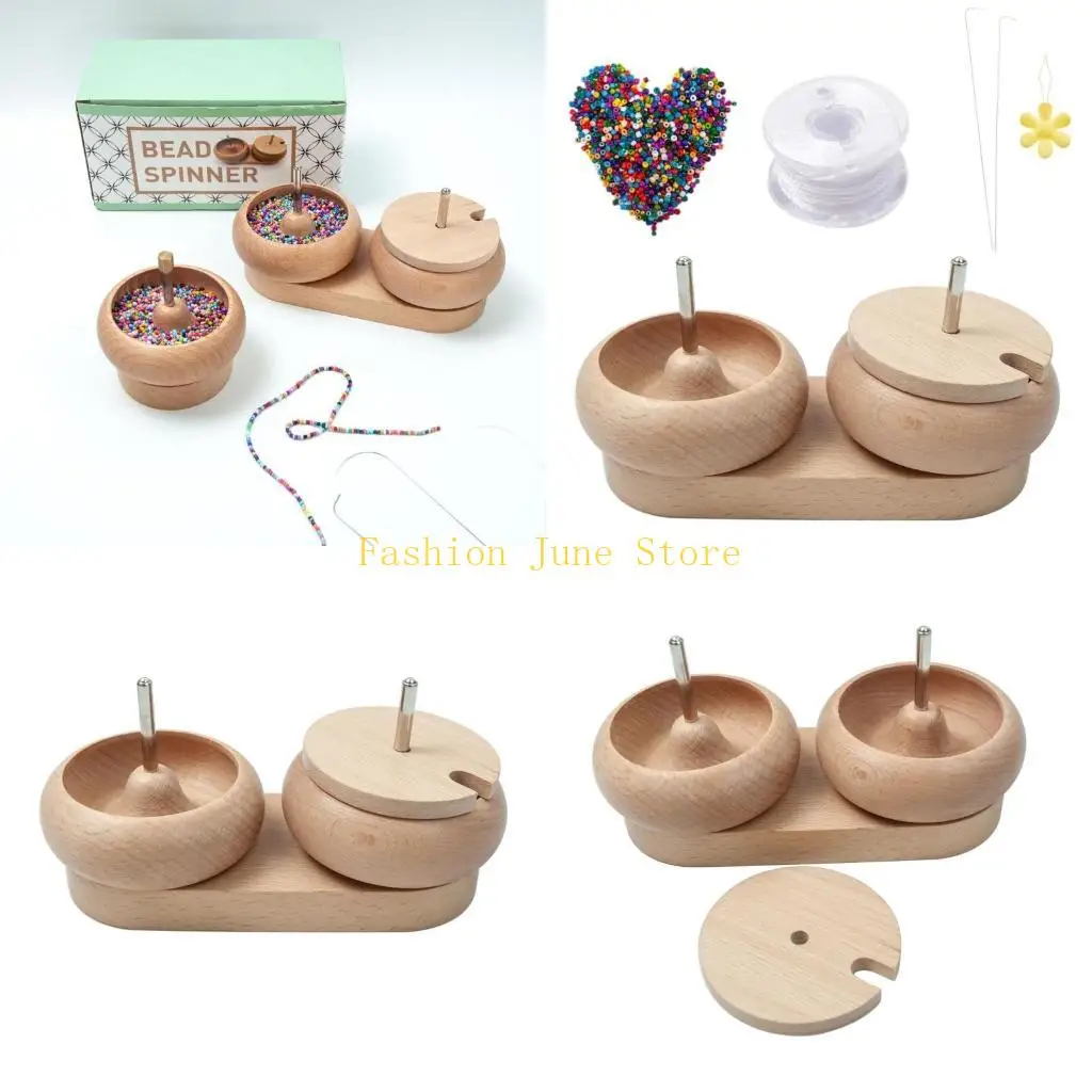 

N5KA Bead Spinner Bowl Set with Big Eye Beading Needle Waist Bead Beading Accessories,Wooden Bead Holder for Jewelry Making