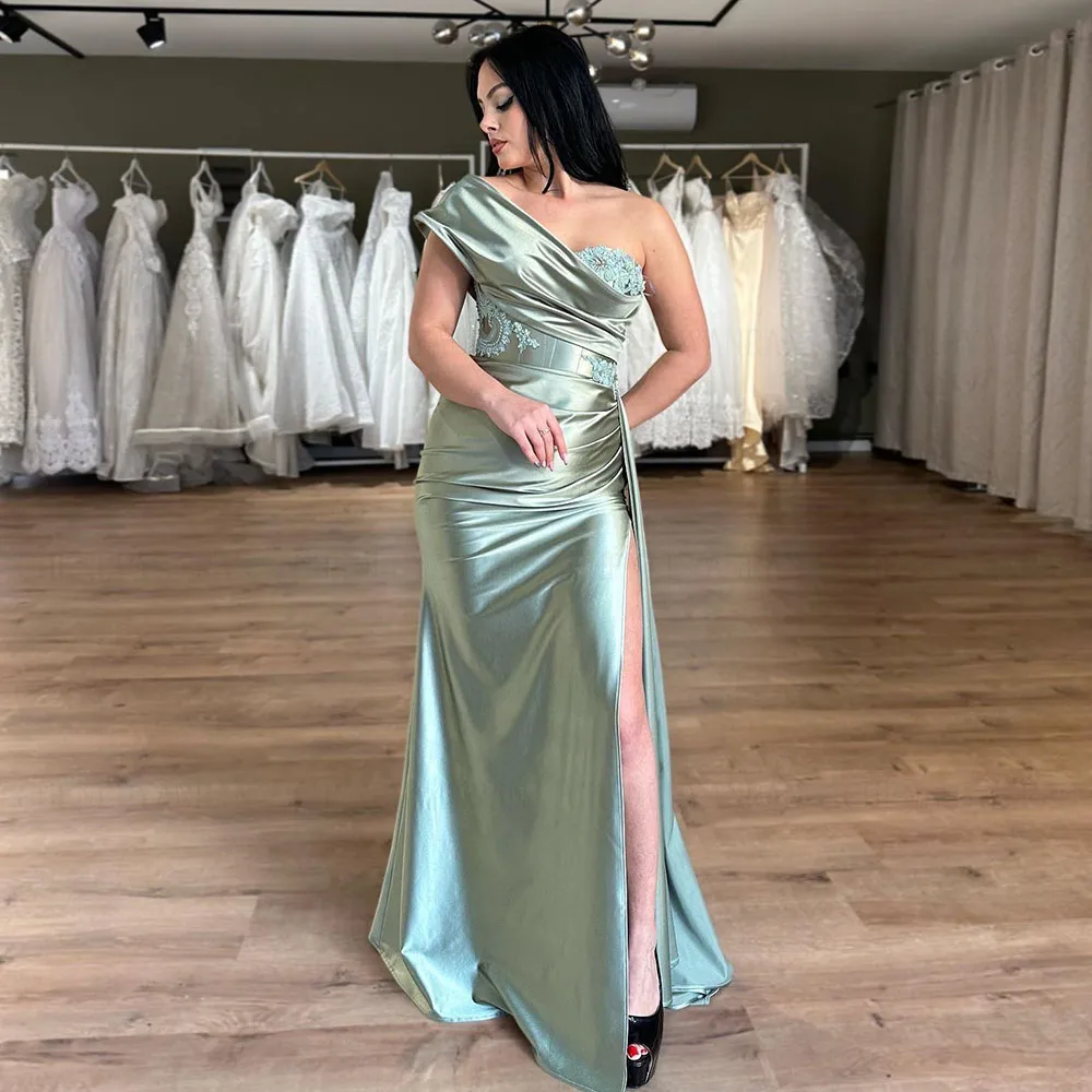 

Mermaid Prom Dresses 2023 Women Applique Beading One-Shoulder Satin Evening Gowns Side Split Green Sexy Formal Party Dress