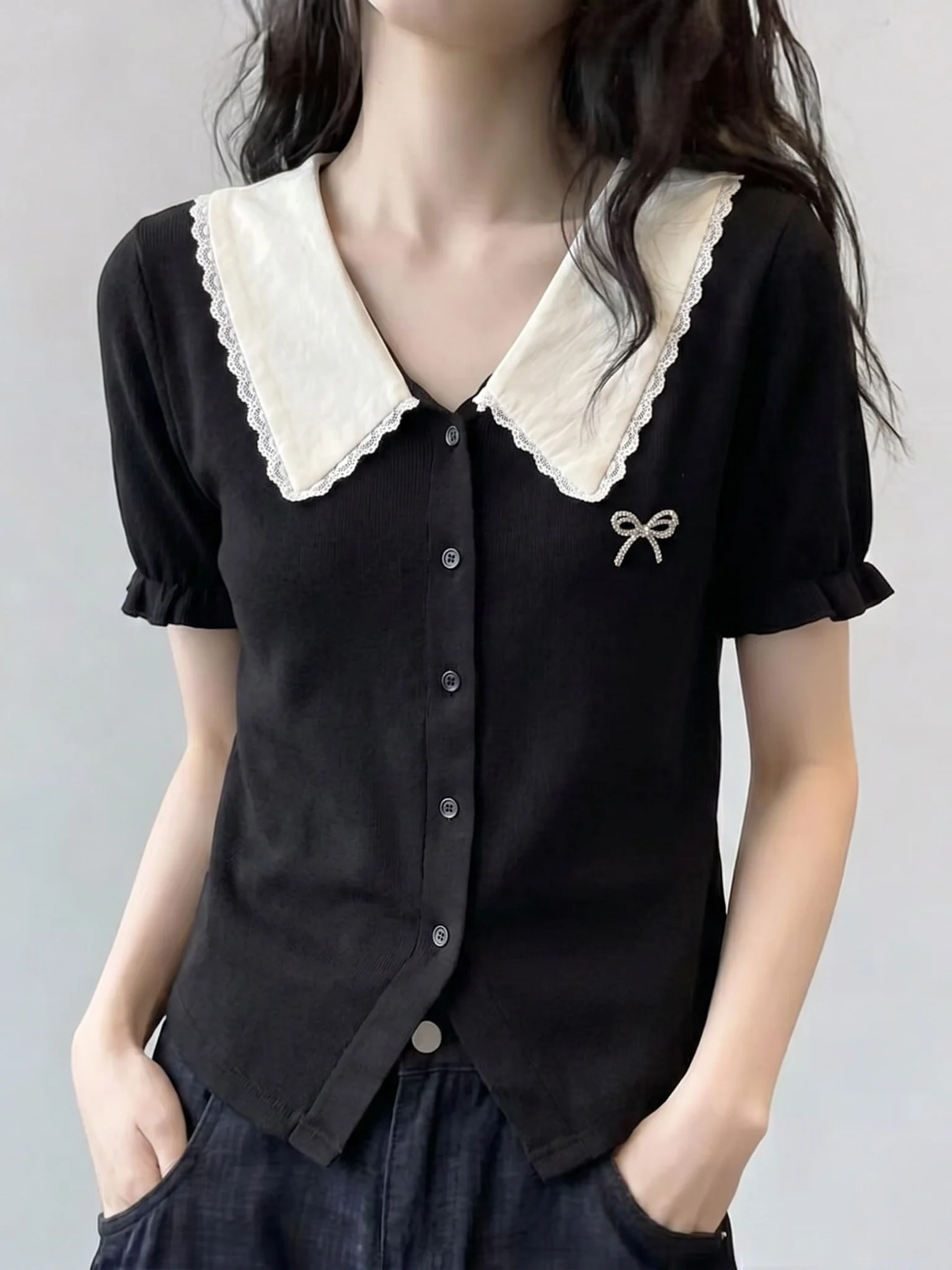 Black Doll Collar Short Sleeve Shirt Women's Summer New Style plus Size Bell Sleeve Casual Top Korean Style Commute Wind