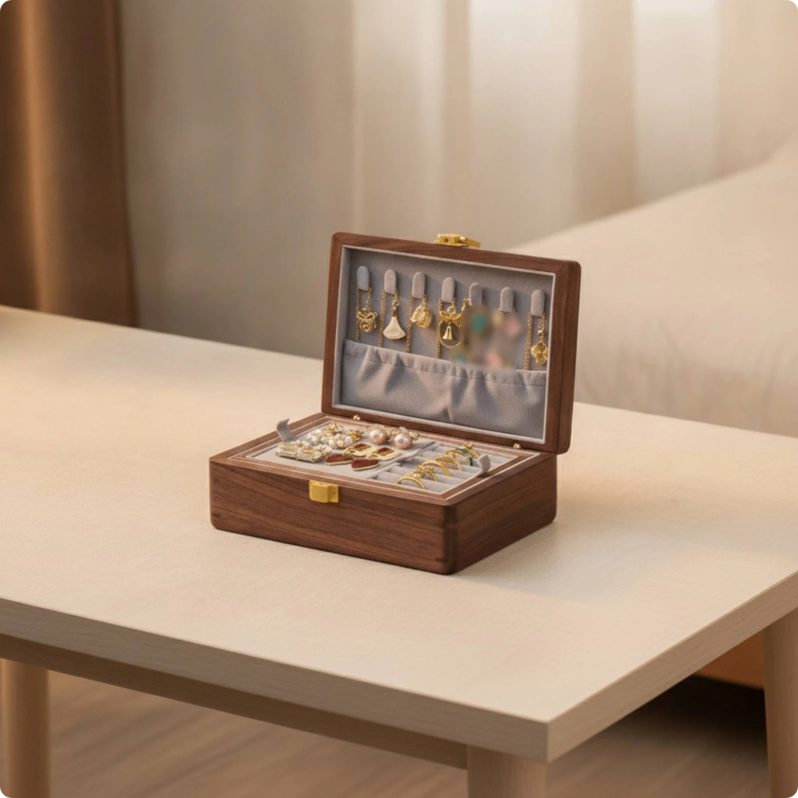 Caja de Joyería de Madera de Nogal, Organizador de Joyas Duradero y Resistente al Desgaste para Mujeres, Cómoda, Tocador