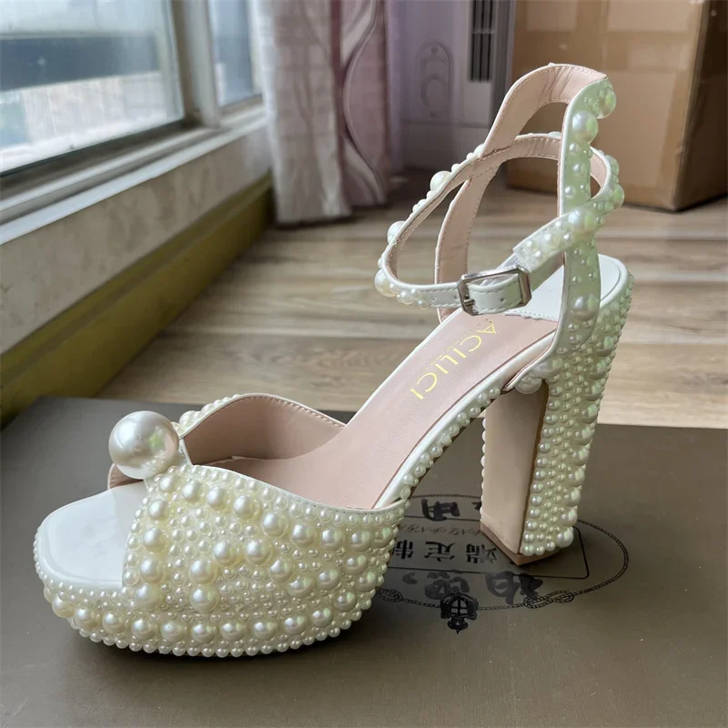Luxury Brand Women's Shoes Fully Handmade Pearl Thick Heeled Sandals Wedding Bride Banquet Fashion Waterproof Platform High Heel
