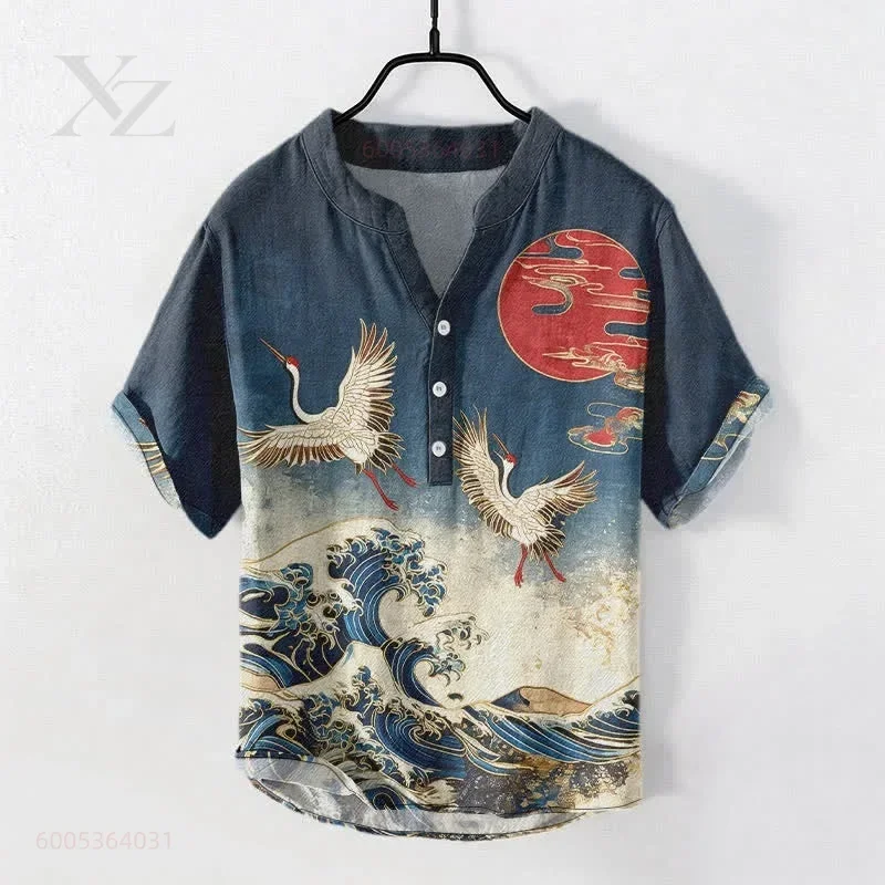 Men's Short-Sleeved POLO Shirt with Crane, Red Sun & Wave Print, Versatile Casual Top for Commuting & Outings