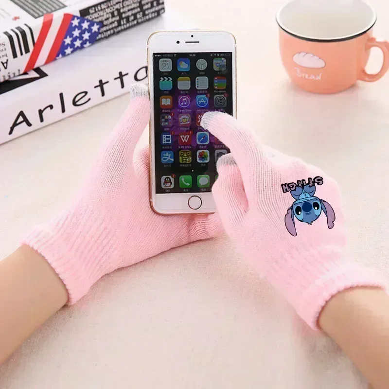 Disney Stitch เด็กใหญ่ถุงมือฤดูหนาว WARM การ์ตูนยืดถัก Mittens หน้าจอสัมผัสน่ารักผู้ใหญ่ห้านิ้วถุงมือของขวัญวันเกิด