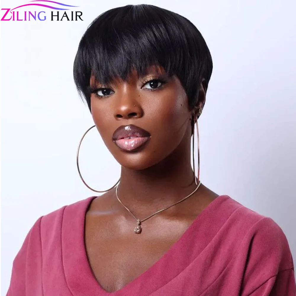 

Short Human Hair Wigs With Bangs Straight Hair Pixie Cut Wig Machine Made Wigs With Bangs Brazilian For Black Women