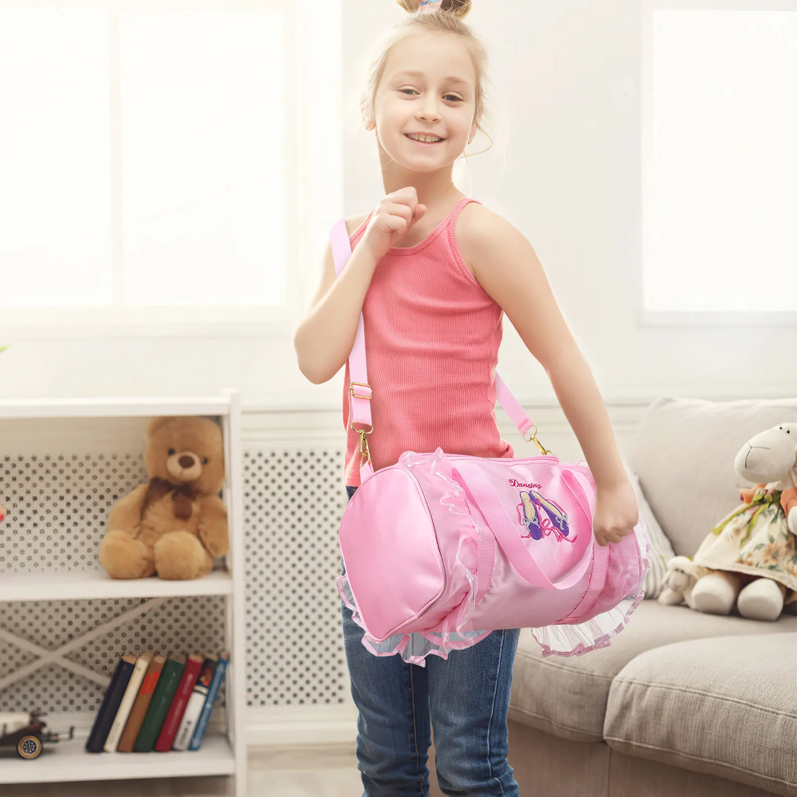Girls Ballet Dance Bag Embroidered Pattern Lace Mesh Shoulder Tote Double Handle Large Capacity Dance Bag Keychain