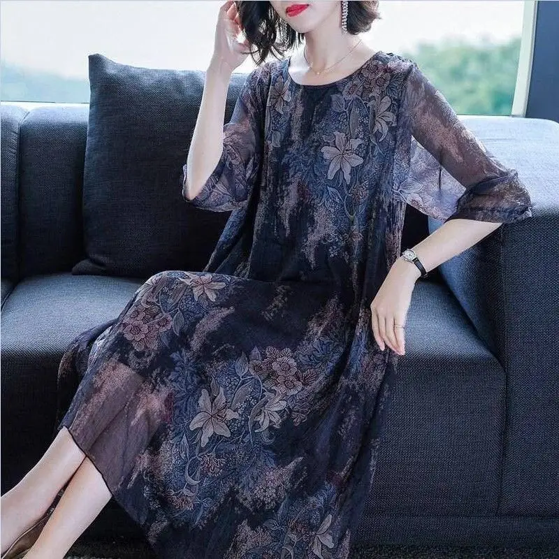 Spring Summer Women\'s New Chiffon Vintage Floral Print Loose Round Neck Fashion Net Yarn Half Sleeve A-line Mid Length Dress