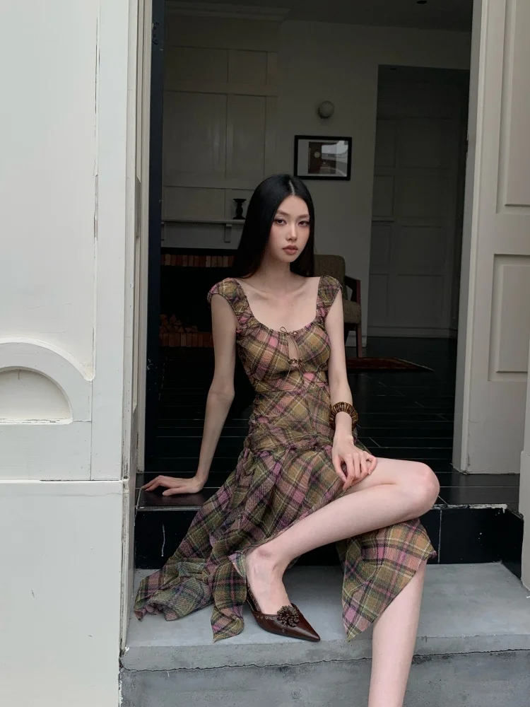 Summer Plaid Chiffon Chic Backless Sexy Sling Dress Women Elegant Bandage Casual Dress 2026 Korean Bodycon Luxury Evening Dress
