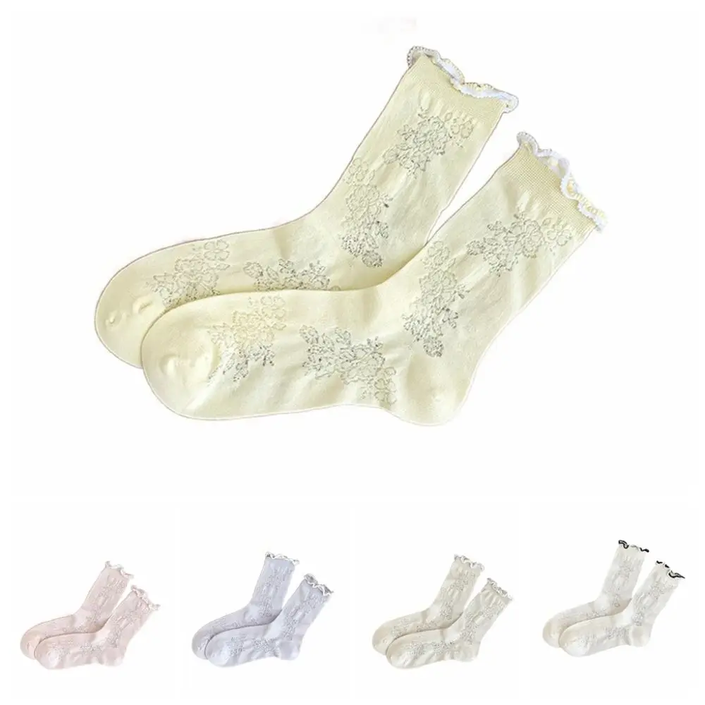 3 pares moda plissado malha flor meias ins estilo respirável meados de tubo meias lolita feminino meias doces feminino streetwear