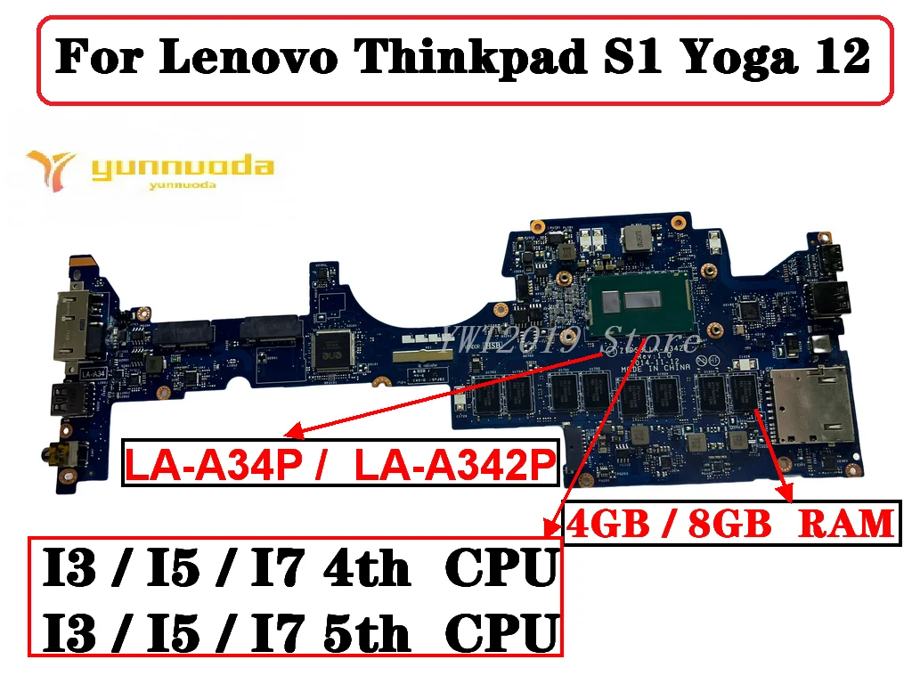 LA-A341P LA-A342P For Lenovo Thinkpad S1 Yoga 12 Laptop Motherboard With I3i5I7 4th 5th gen CPU.4G8G RAM  100% tested