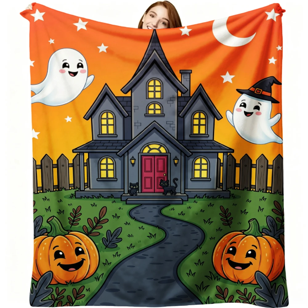 1pc Halloween Haunted House Ghost Pumpkin Print Flannel Blanket Soft Comfortable Warm Bed Cover Autumn Winter Season Home Bedroom Living Room Sofa Decoration Halloween Thanksgiving Christmas Festival Gift