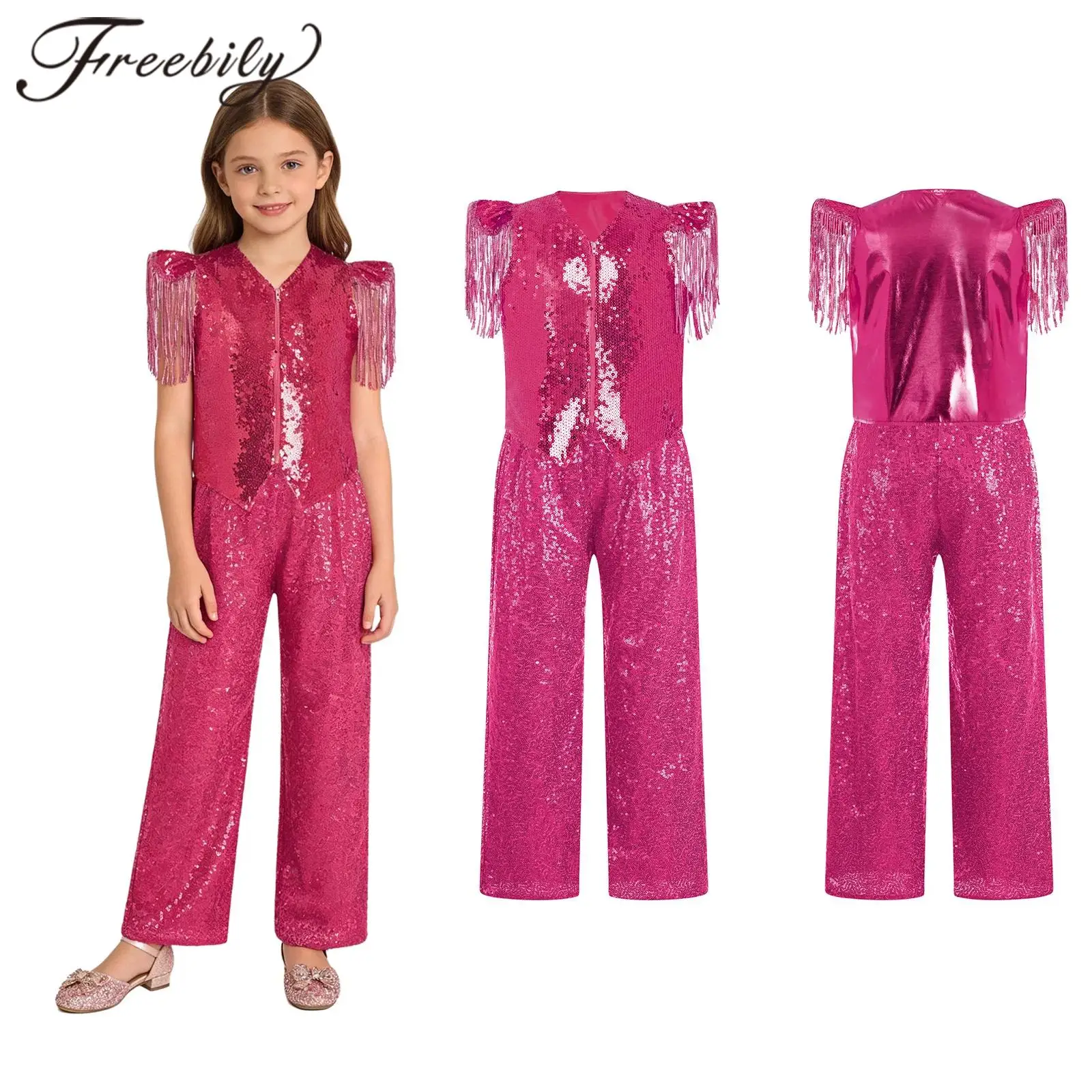 Kids Sparkling Party 70s Disco Outfit Birthday Fashion Girls Hippie Hip Hop Jazz Dance Costume Children Metallic Dancewear