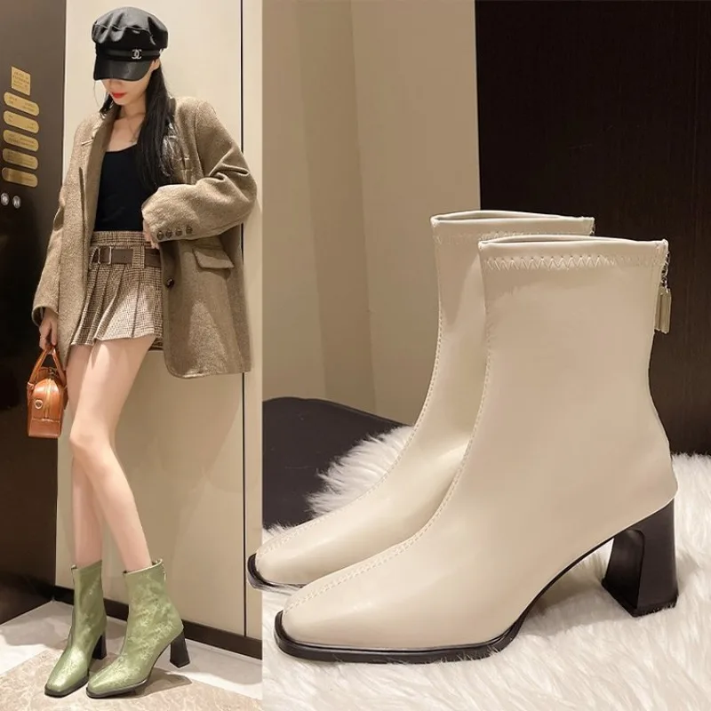 

Women Ankle Boots Real Leather Thick High Heel Shoes Fall Winter 2025 Casual Office Lady Dress Short Booties Plus Size 35- 42