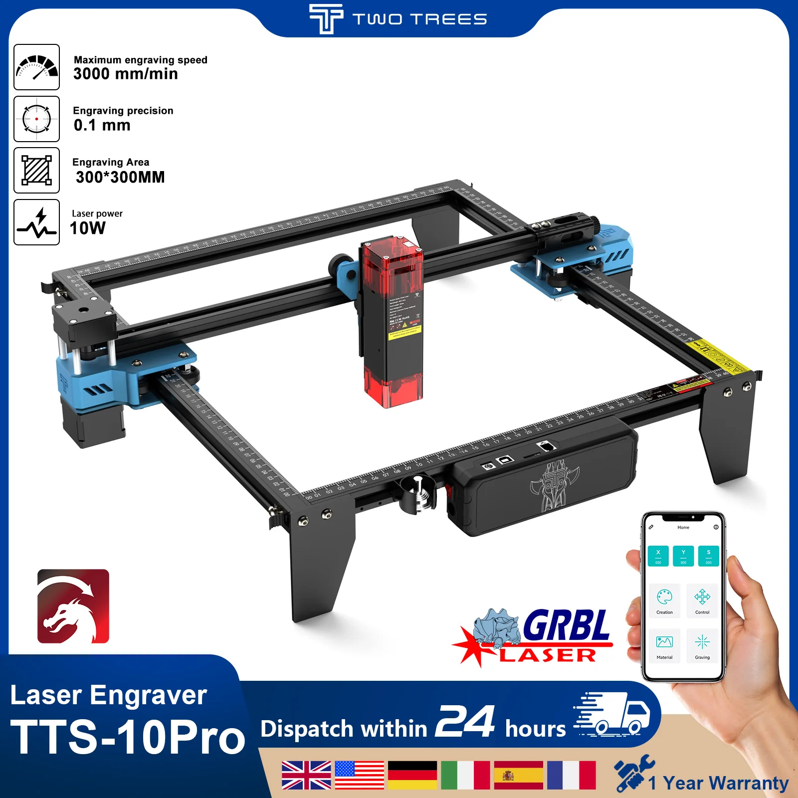 Laserowa grawerka Twotrees TTS-10Pro z ekranem dotykowym, metalowa maszyna do grawerowania laserowego, drukarka laserowa DIY do logo, cięcie laserowe akrylu i MDF — zdjęcie 2