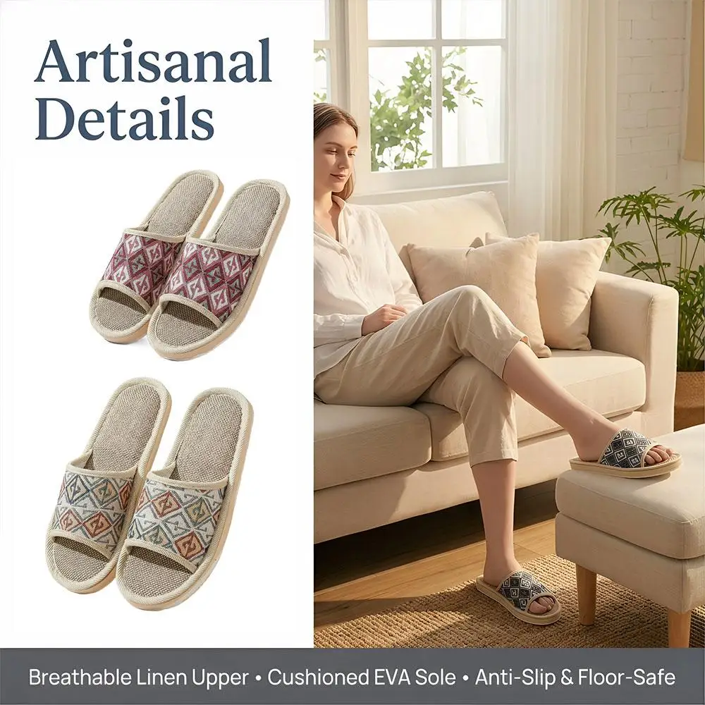 Women Flax Linen Slippers Breathable Indoor Slipper Casual Lightweight Flat Shoes Home Guest Spa Anti Slip Sandals