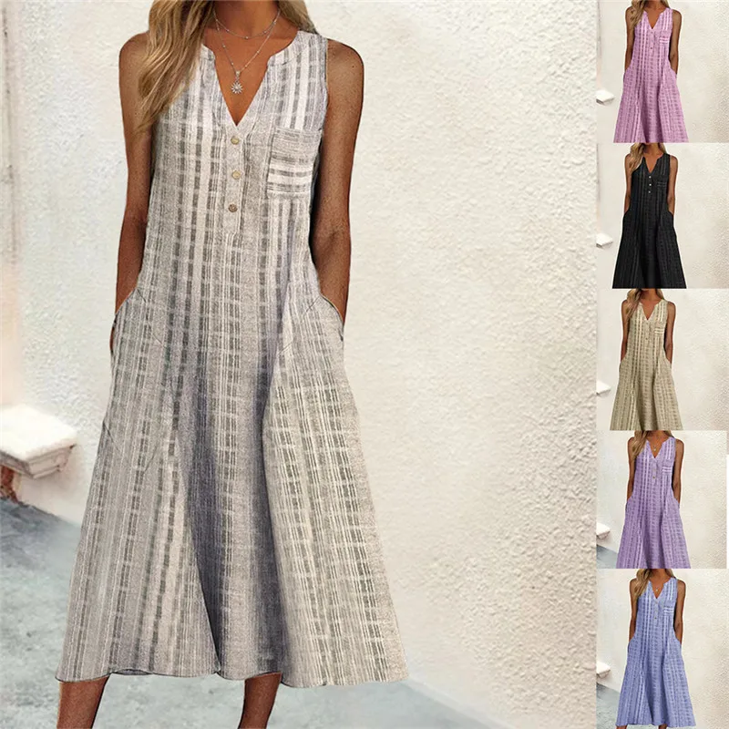 Summer New Women's Dresses V-Neck Sleeveless Button Loose Striped Print With Pocket Casual Beach Dresses