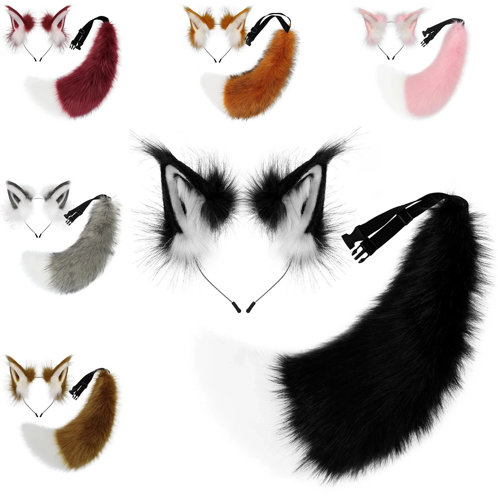 Faux Fur Animal Ears Headband 2 PCS Furry Fox Wolf Tail Costume Set for Cosplay Party