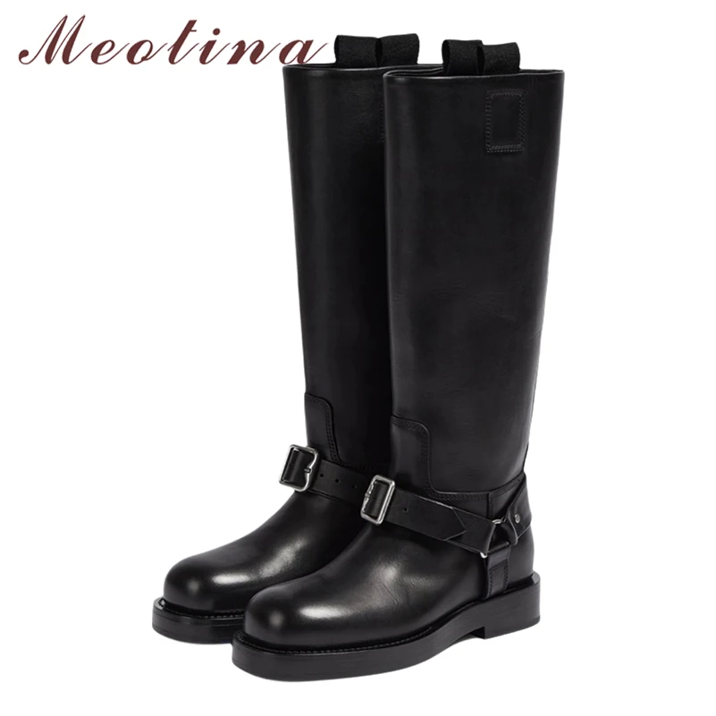 Meotina Women Genuine Leather Knee High Boots Round Toe Platform Flats Buckle Long Boots Ladies Fashion Shoes Autumn Winter 43