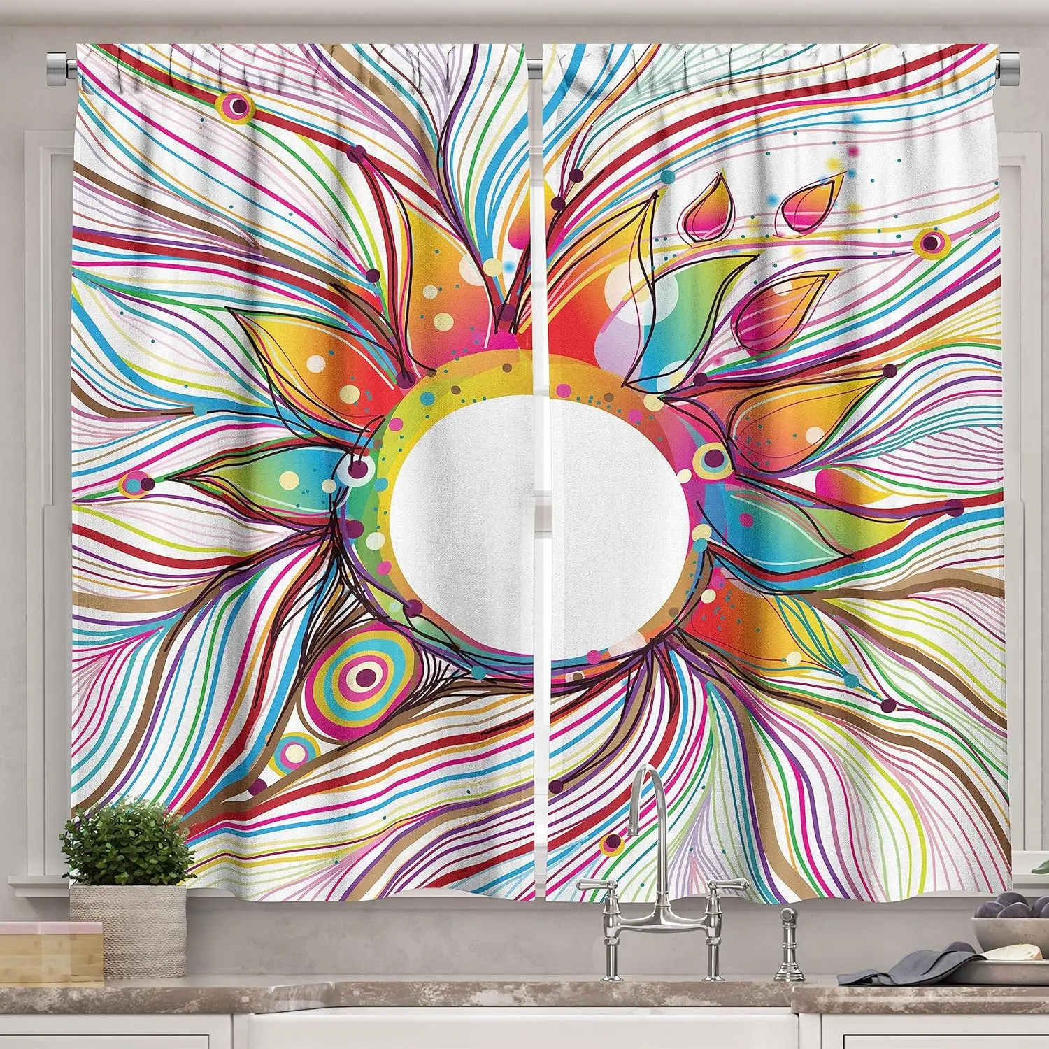 Abstract Kitchen Curtains, Absurd Vector Smoky Wavy Floral Design Rainbow Alike Stripes and Lines Print, Window Drapes 2 Panel