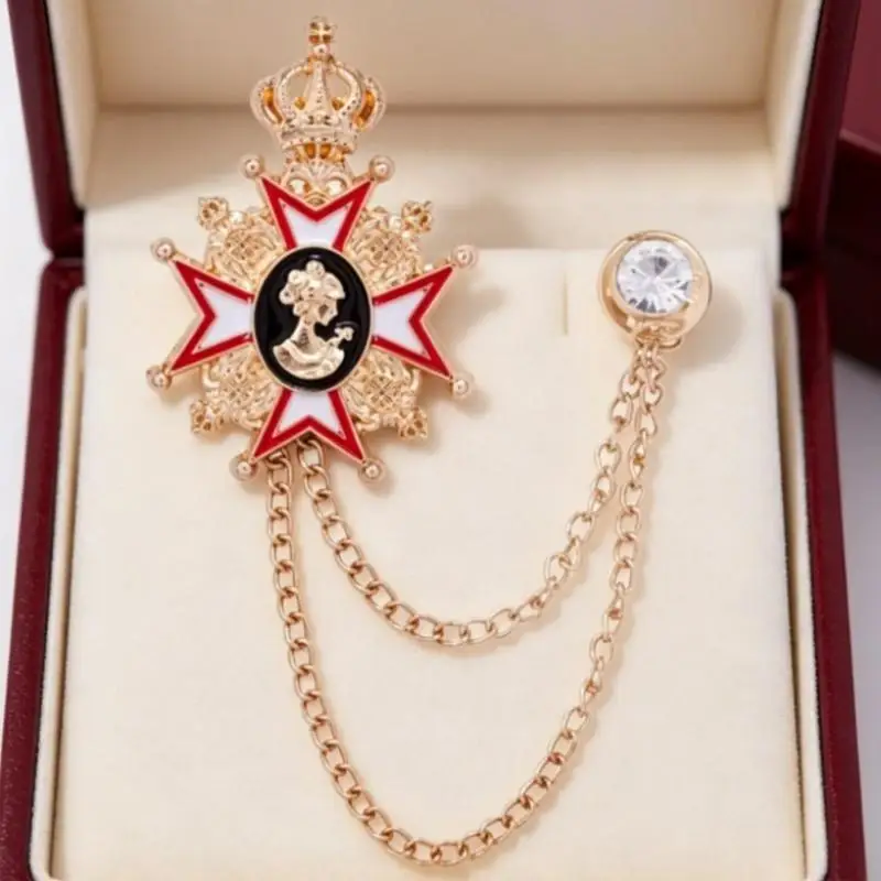 Elegant Popular Metal Electroplated Gold Crown Beauty Head Dotted Paint Medal Breast Pins With Tassels Chains Jewelry Accessory