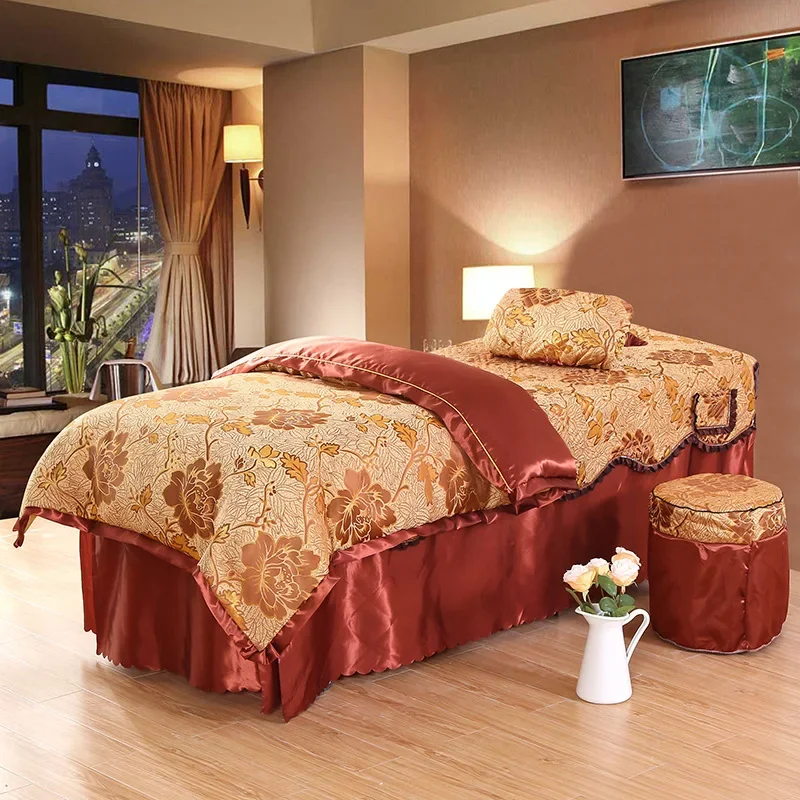 Luxury 4pcs Beauty Salon Bedding Sets Massage Spa Bedskirt+ Pillowcase+Stool Cover+Quilt Cover Sets High Quality with Insert