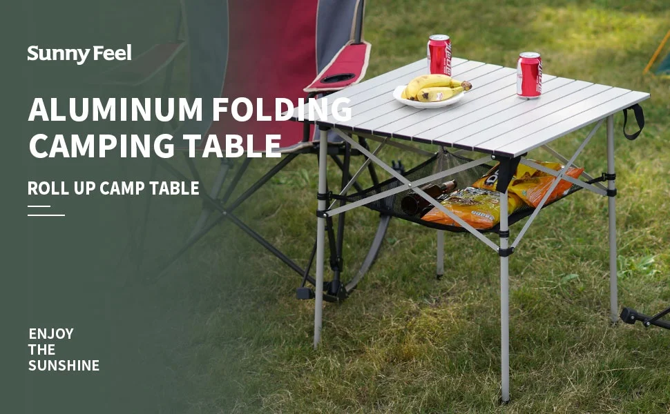 SUNNYFEEL Outdoor Folding Table | Lightweight Compact Aluminum Camping Table, Roll Up Top 4 People Portable Camp Square Tables