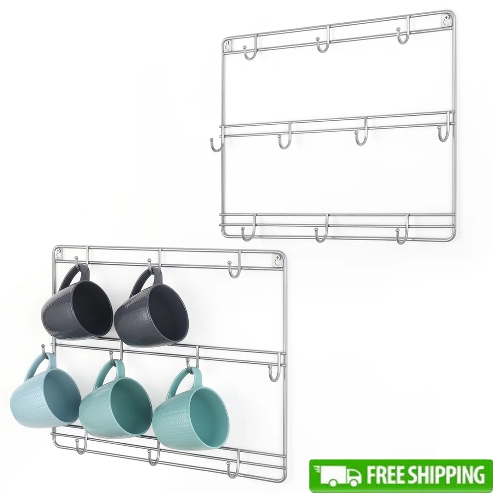 

3-х уровневый настенный держатель для кофейной чашки, набор из 2 шт., с 10 крючками, металлическая стойка для хранения, организация кухни, столовой