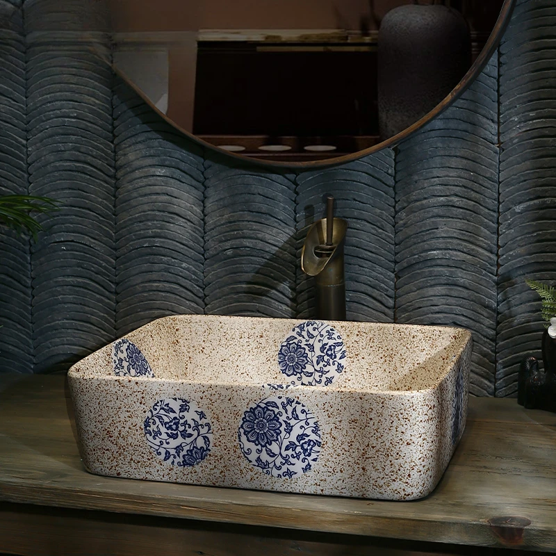 

Ceramic washbasin on stage, rectangular frosted blue and white art basin, household balcony washbasin, single basin