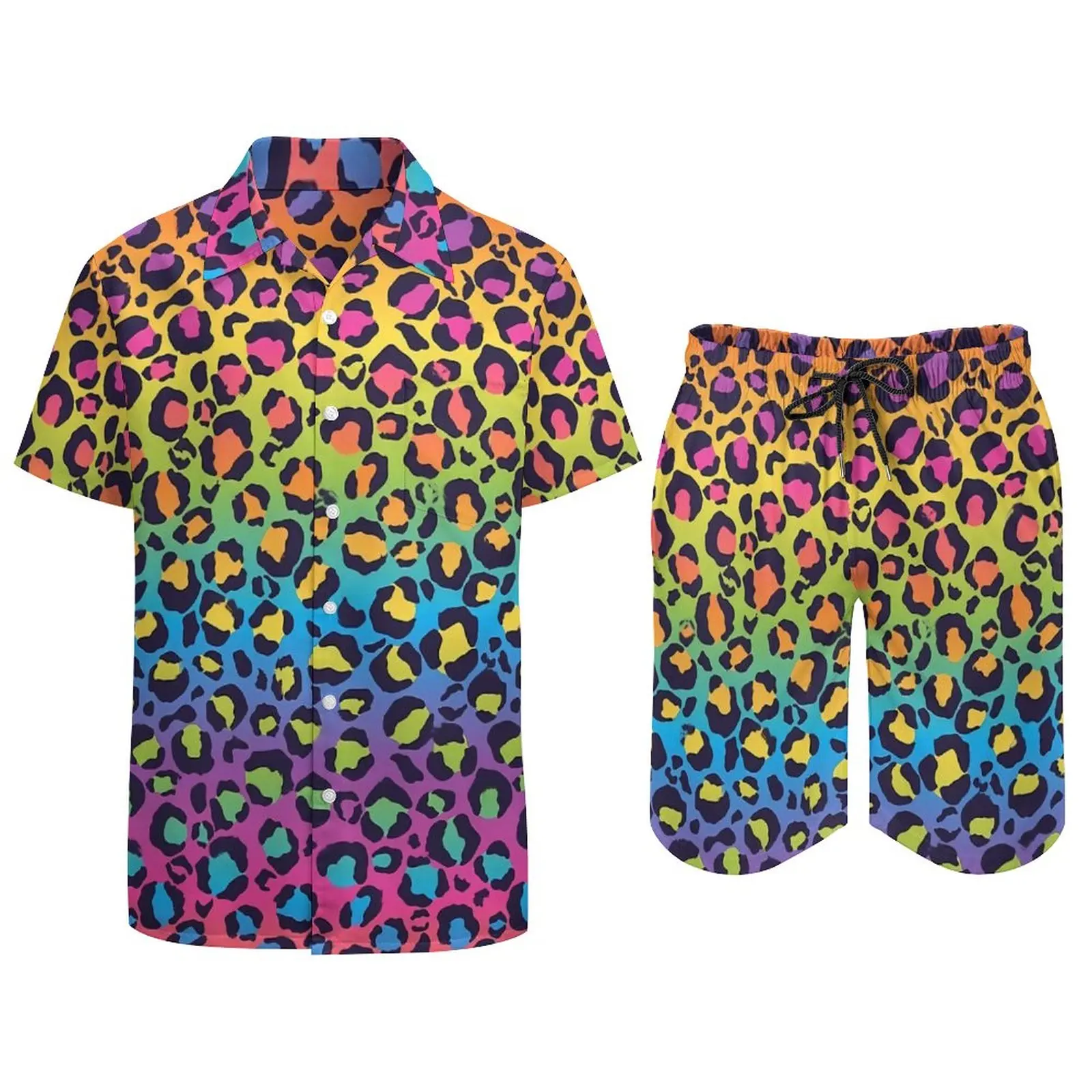 Rainbow Ombre Fitness Outdoor Men Sets Leopard Print Casual Shirt Set Summer Design Shorts 2 Piece Trendy Suit 2XL 3XL