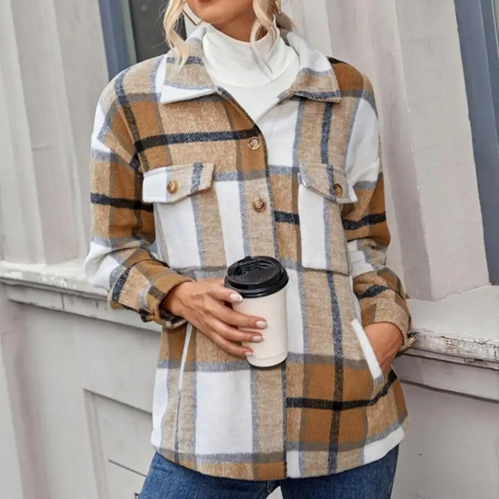 Stylish Casual Coat Ultra Soft Warm Skin-Touch Plaid Print Buttons Down Shirt Jacket