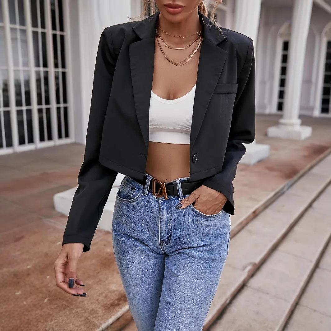 Short Blazer Solid Women Long Sleeve Single Button Jackets Slim Fit Elegant Tailored Coat Turn Down Collar Spliced Office Lady