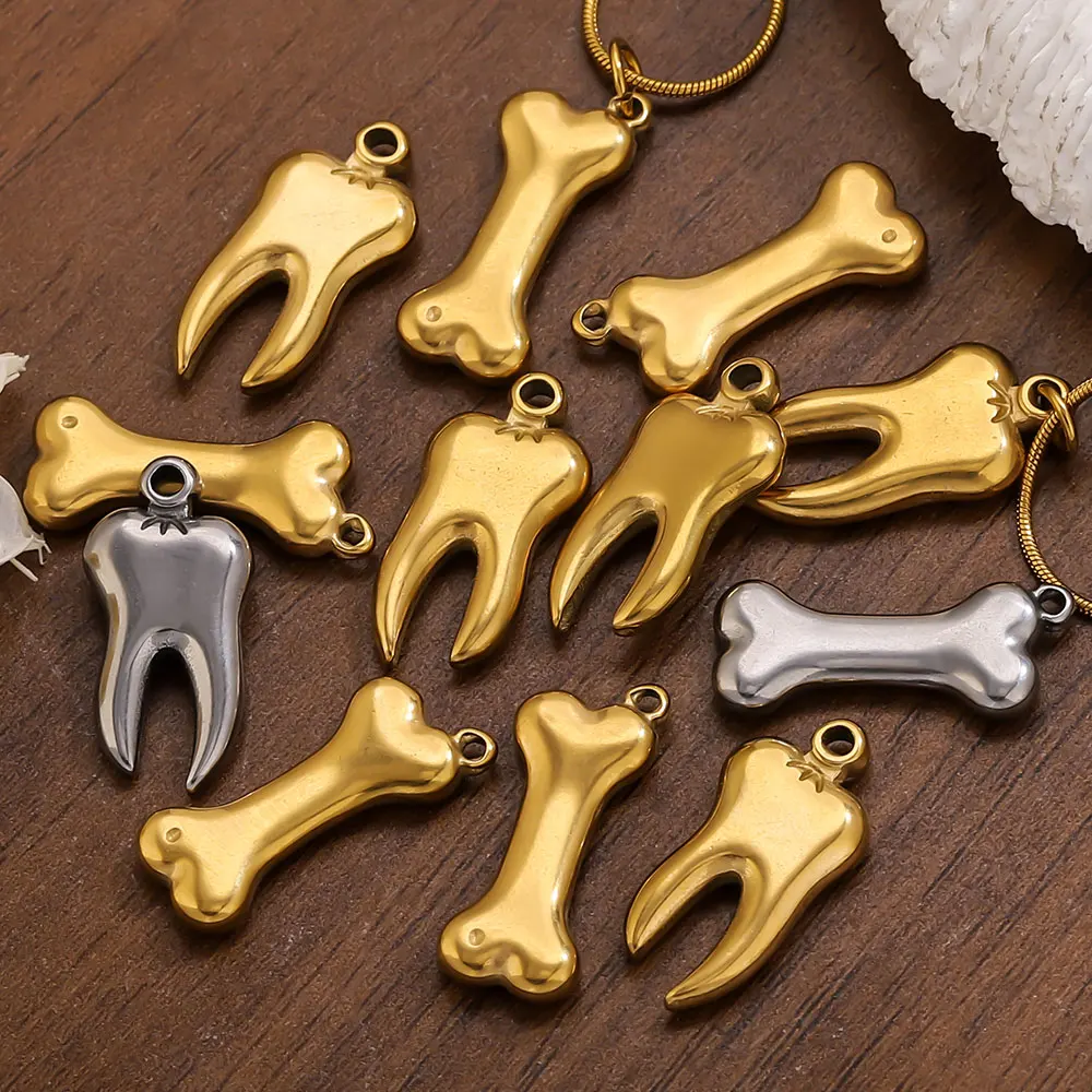 10PCS Stainless Steel Golden Lucky Dog Bone Teeth Charms for Jewelry Making DIY Necklace Bracelet Summer Cute Pendant Wholesale