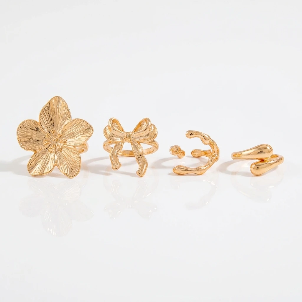 Skulpturaler Goldfarben-Statement-Ring-Set für Frauen Abstrakte Blumen-Schleife Verstellbare Wickelringe Klobiger Künstlerischer Schmuck – Detail 3