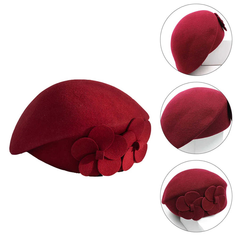 

1pc Winter Warm Beret Woolen Hats for Ladies with Double Flowers Decor French Style British Knitted Hat Accessories Red