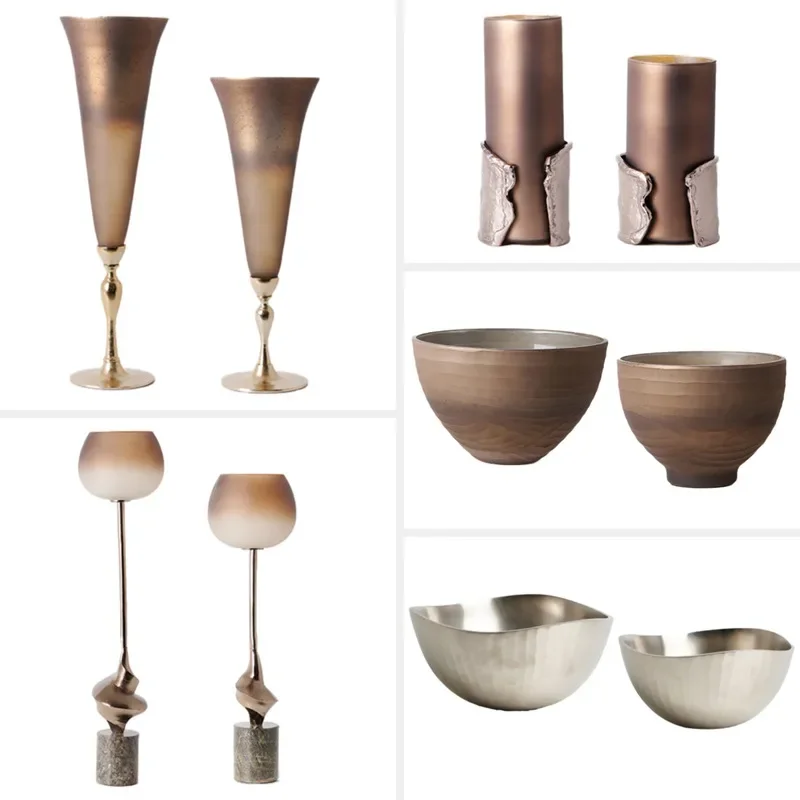 Luxury Champagne Gold Aluminum Vase with Water Ripple Glass Bowl Tall Flower Arrangement Holder Modern Home Decor Art Piece