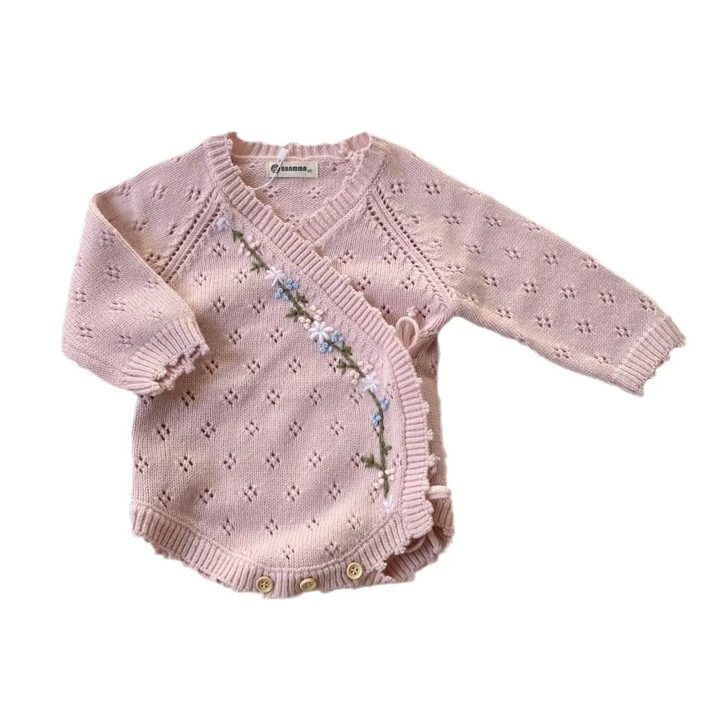 2025 Spring New Baby Long Sleeve Knitted Bodysuit Infant Girl Hollow Out Flower Embroidery Jumpsuit + Hat Newborn Clothes 0-24M