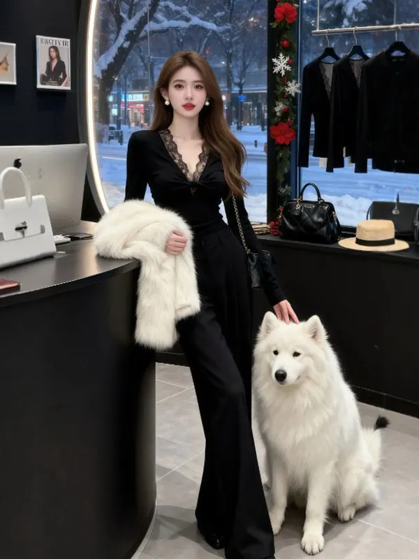 

Ele Lace Splice Long Sve T-irt Women's Base irt V-Ne Sexy Winter Faion Unique Personali Base Layer Top